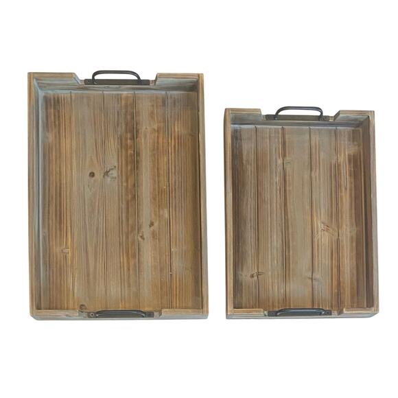 2 Decorative Nested Wood Serving Trays Rustic Wooden Breakfast Trays w/Handles - Picture 1 of 10